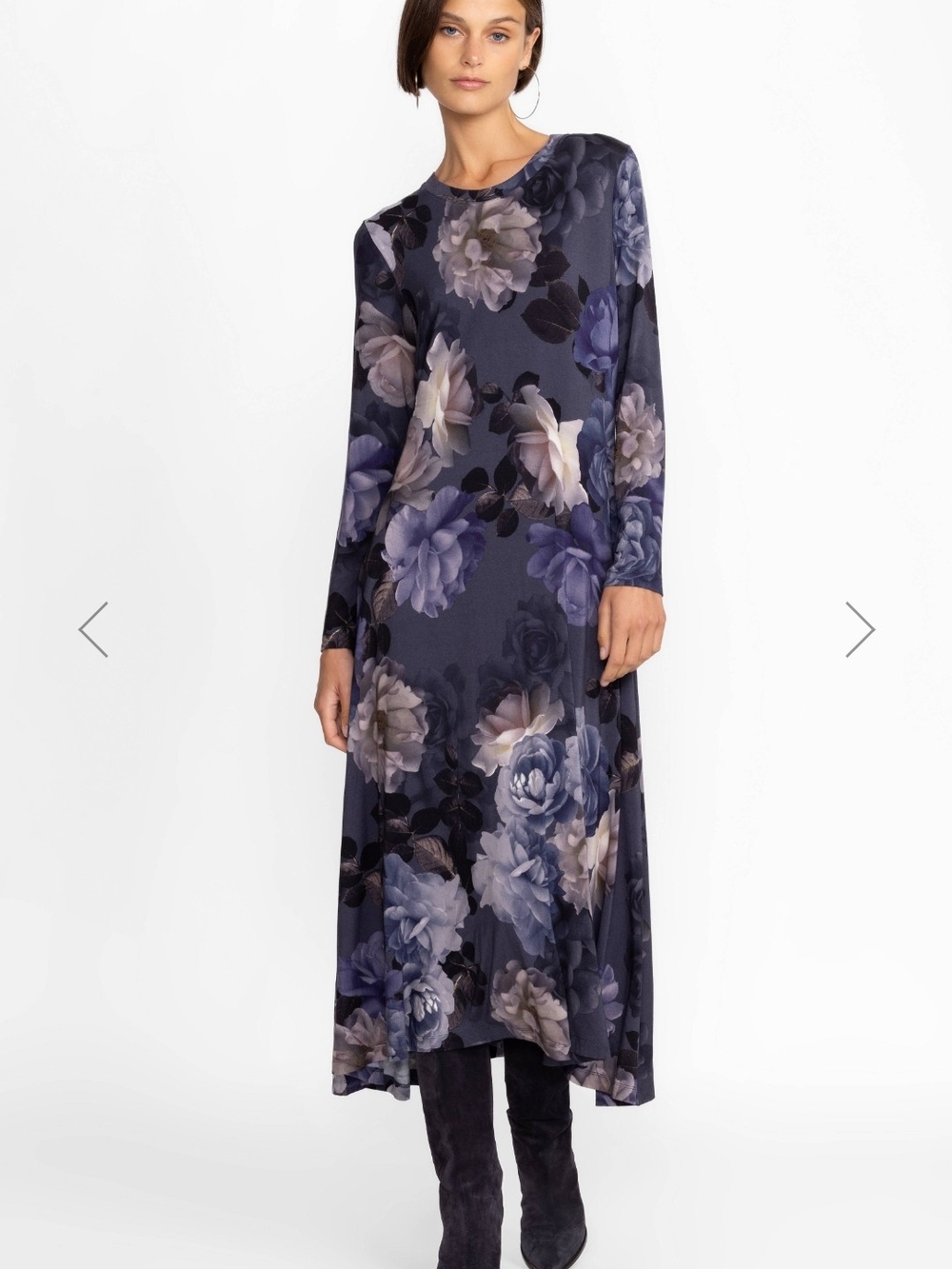Johnny Was Grey Peony Floral Maxi Midi Dress Long Sleeve Stretch Boho M